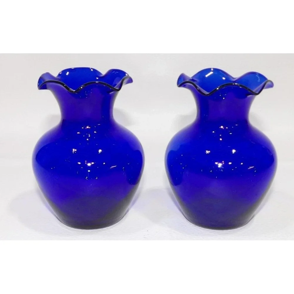 Pair of Cobalt Blue Squat Glass Ruffled Rim Vases 4.5 Inch Mid Century Modern